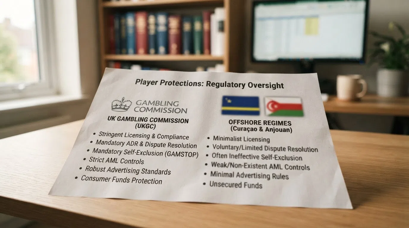 A side-by-side summary of player protections, with the UK Gambling Commission logo on one side and the flags of Curaçao and Anjouan on the other, listing the safeguards each regime provides