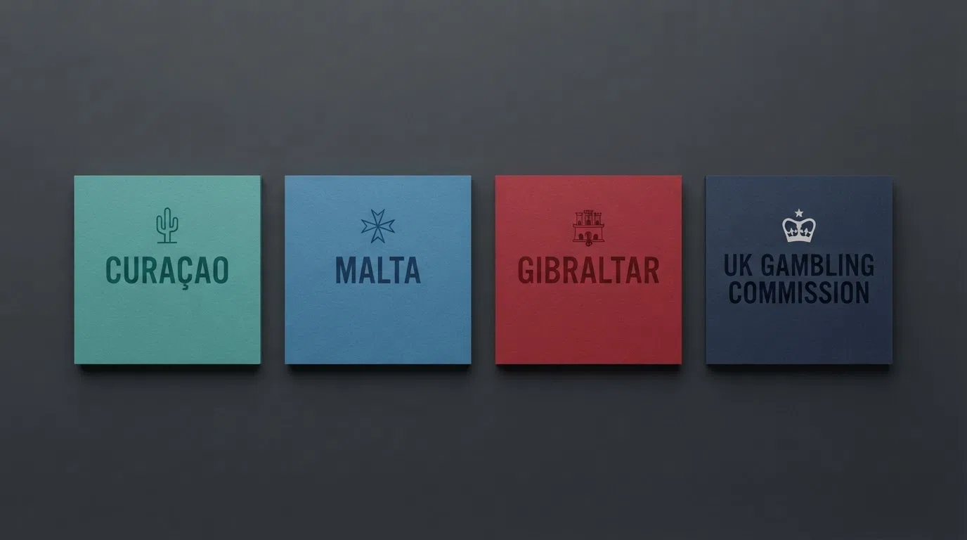 A side-by-side display of four licence certificates or seals from Curaçao (CGA), Malta (MGA), Gibraltar and the UK Gambling Commission, arranged on a dark background