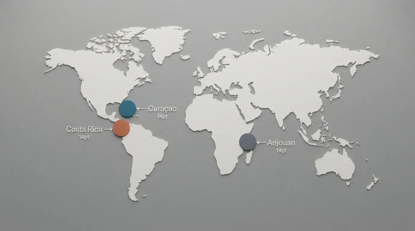 A visual comparison of casino licence jurisdictions relevant to UK players — the UKGC logo beside Curaçao, Costa Rica and Anjouan licence marks, with arrows showing which operators hold which