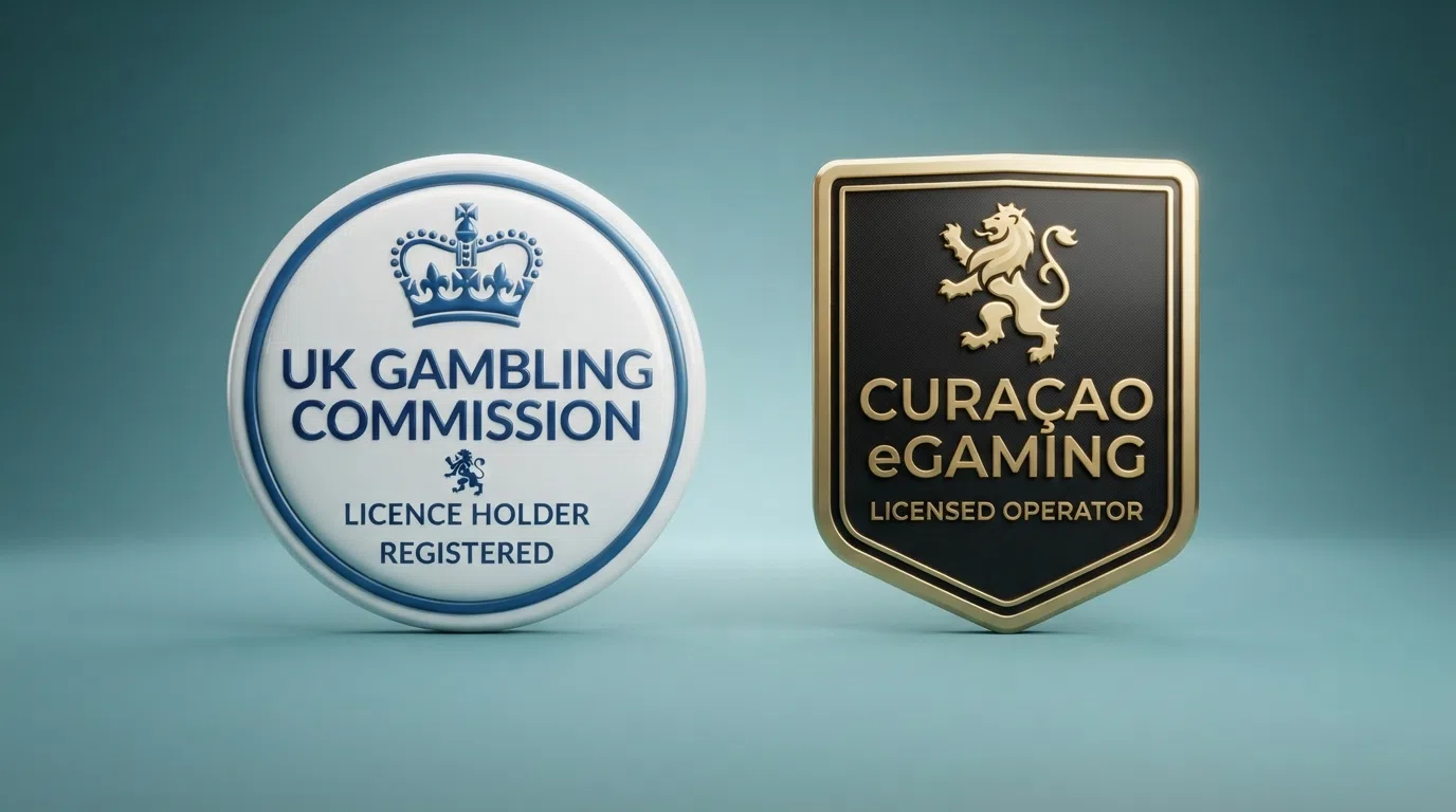 Two licence badges side by side: a UK Gambling Commission mark and a Curaçao eGaming mark