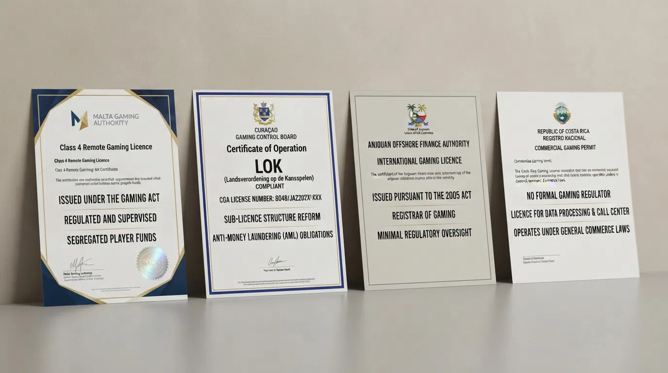 Four licence certificates arranged left to right by protection level: MGA (Malta), Curaçao GCB, Anjouan, Costa Rica — each with a label showing its key player-protection feature or gap