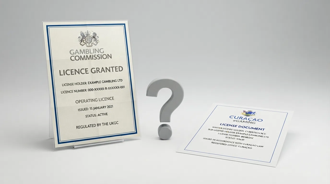 A split frame showing a UKGC licence certificate on one side and a Curaçao licence document on the other, with a question mark between them