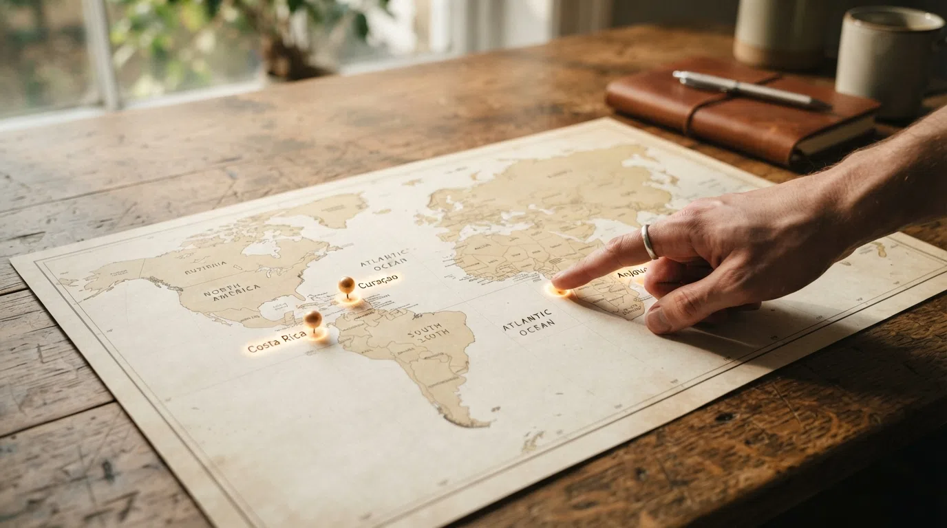 A simplified map highlighting Curaçao, Costa Rica and Anjouan — the three offshore jurisdictions that license every Tether casino a UK player can access