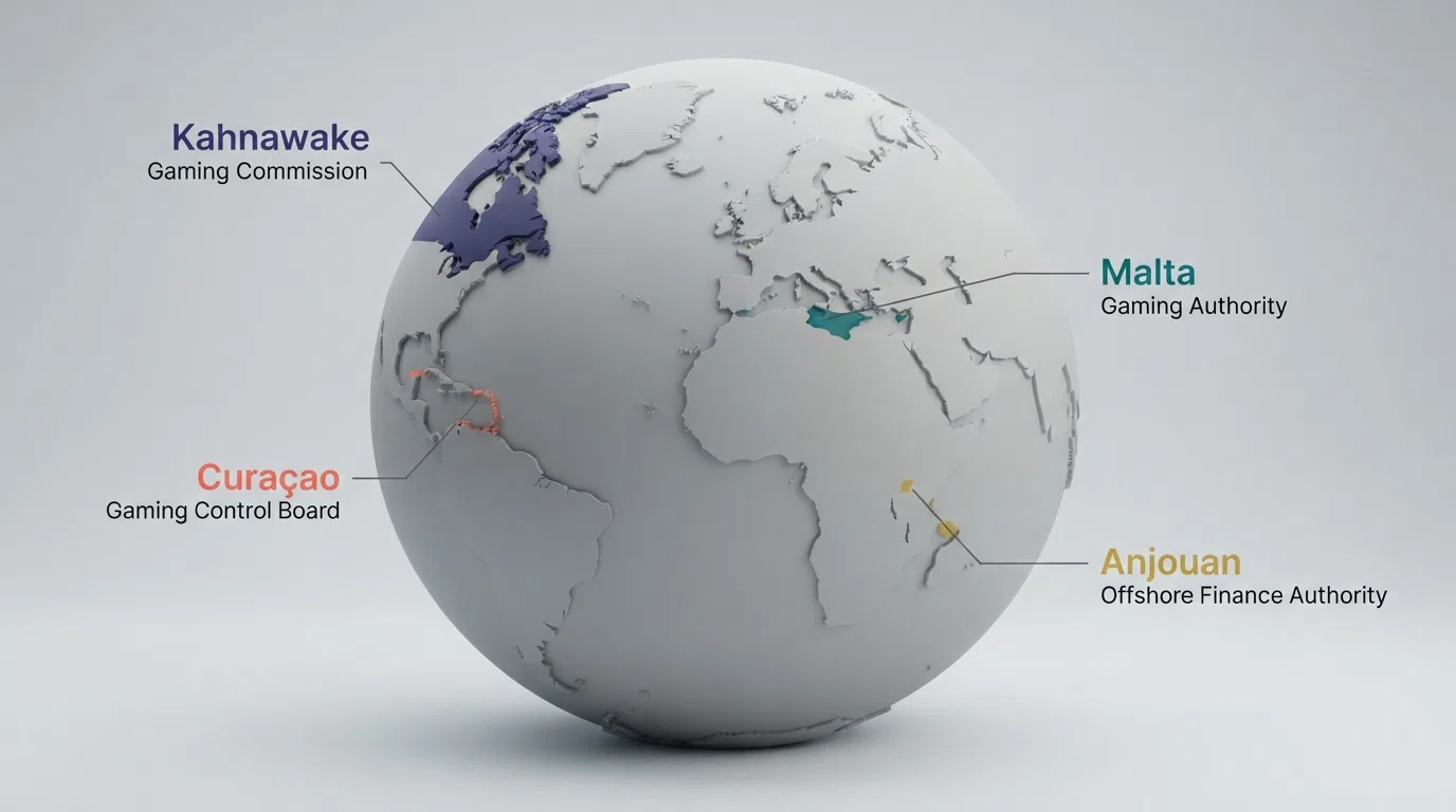 A world map with Curaçao, Malta, Anjouan and Kahnawake highlighted in different colours, each labelled with its regulator name