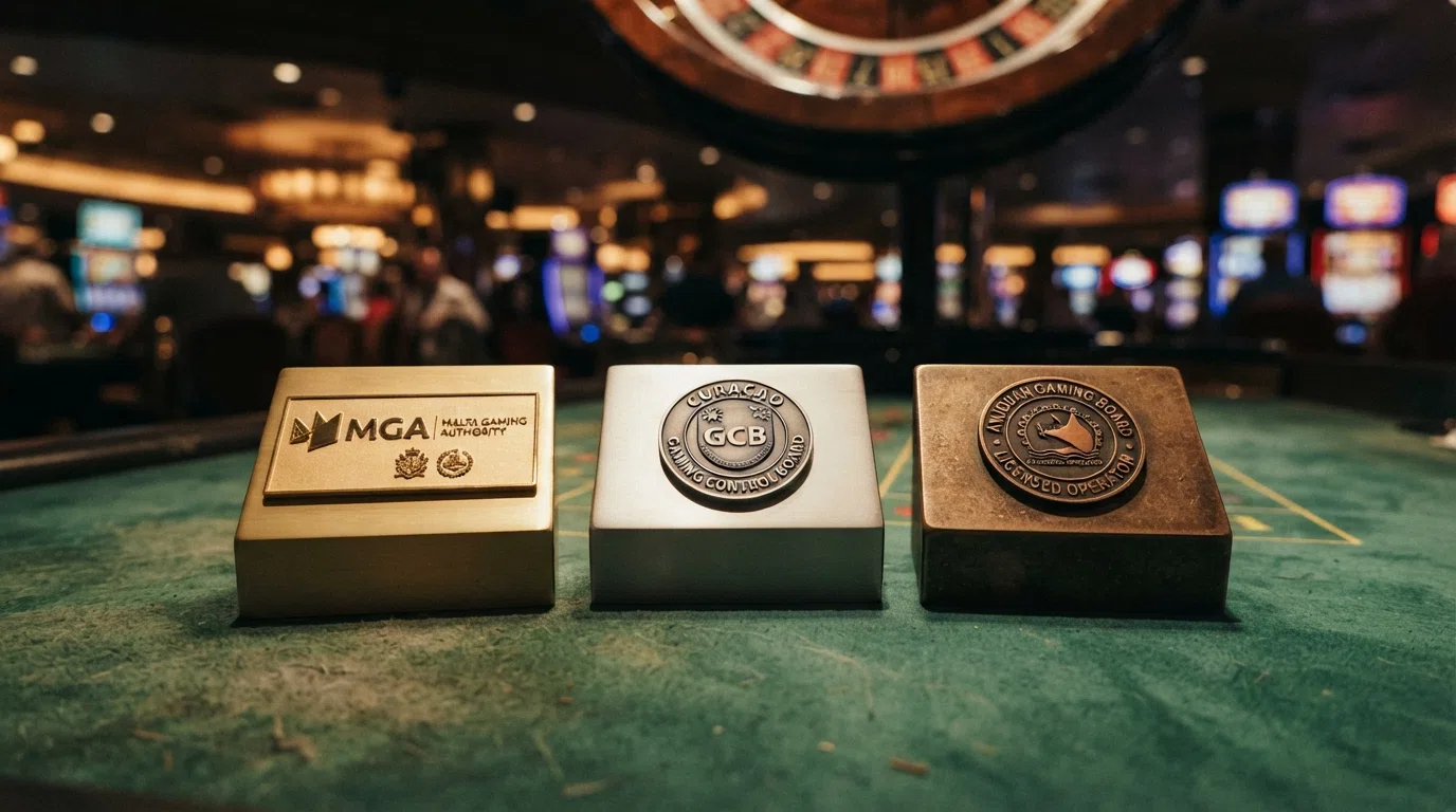 Three licence badges arranged in a descending column — MGA at the top in gold Curaçao GCB in the middle in silver and Anjouan at the bottom in bronze — with a scale showing protection level decreasing as the column descends