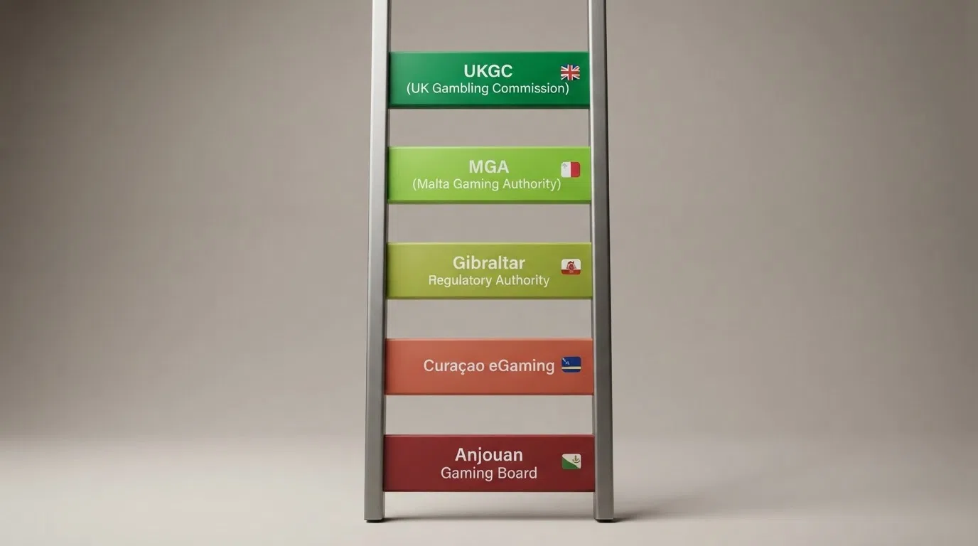 A vertical ladder infographic with five rungs labelled UKGC (top), MGA, Gibraltar, Curaçao, and Anjouan (bottom), each rung colour-coded from green to red