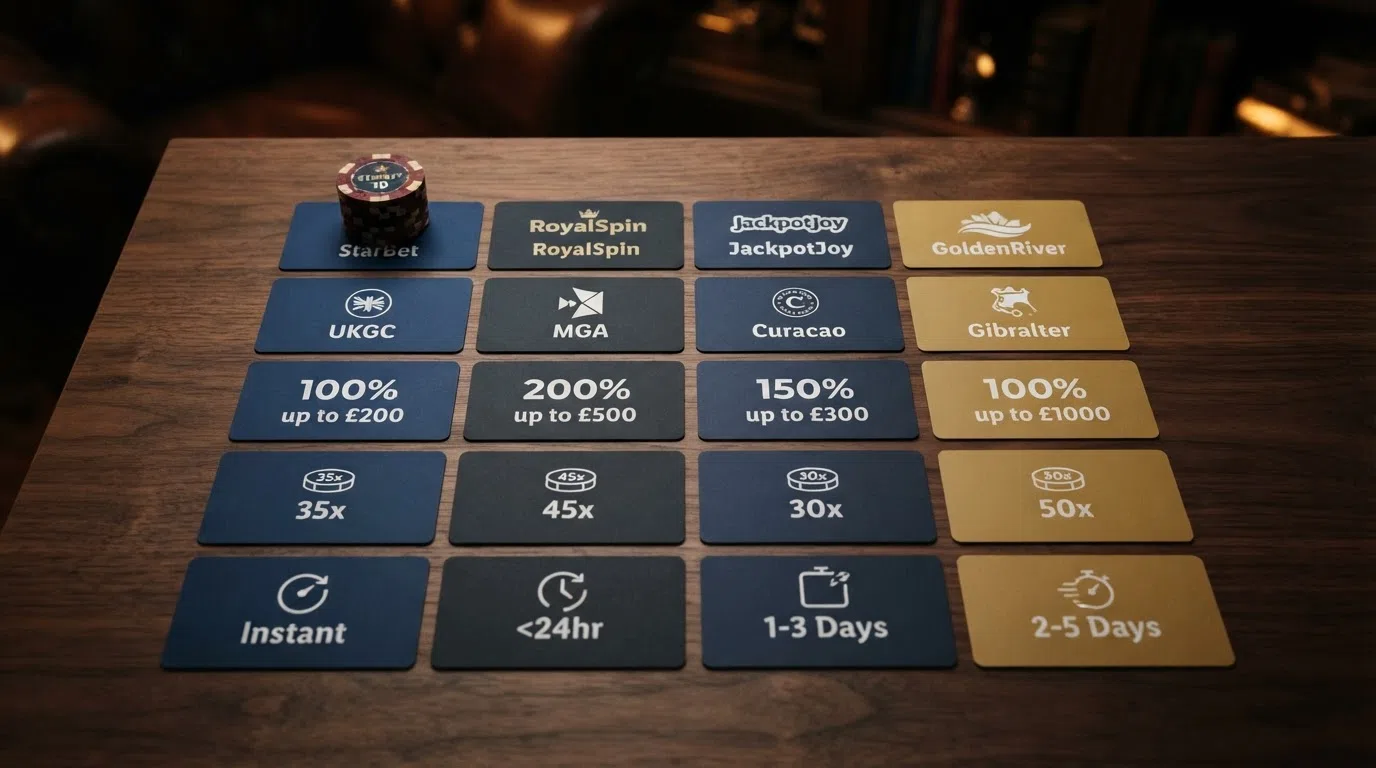 A horizontal comparison layout of casino features — licence badges (Curaçao, Anjouan, Costa Rica), bonus percentages, wagering multipliers, and payout-speed icons arranged as a visual summary