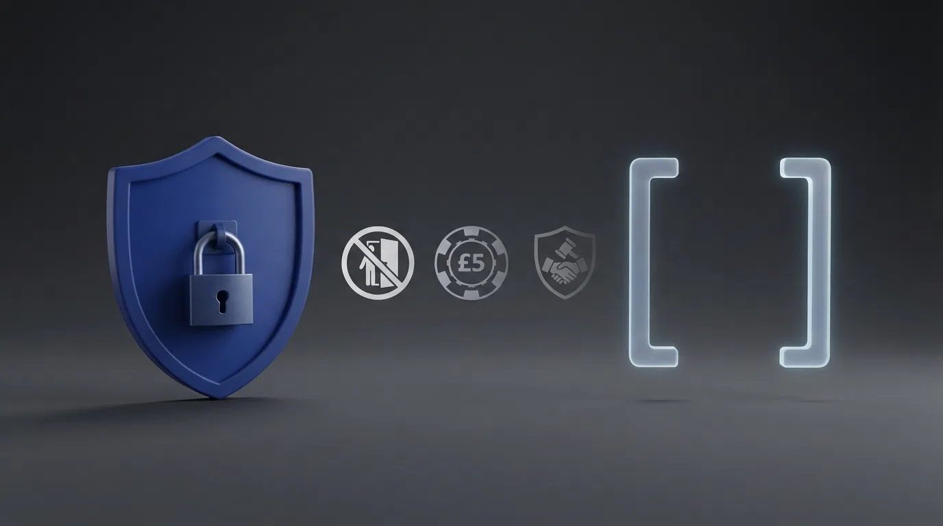 A minimalist visual contrasting a locked shield labelled “UKGC” on the left with an unlocked, empty bracket on the right, with icons for GAMSTOP, £5 stake cap and ADR fading out as they cross from left to right