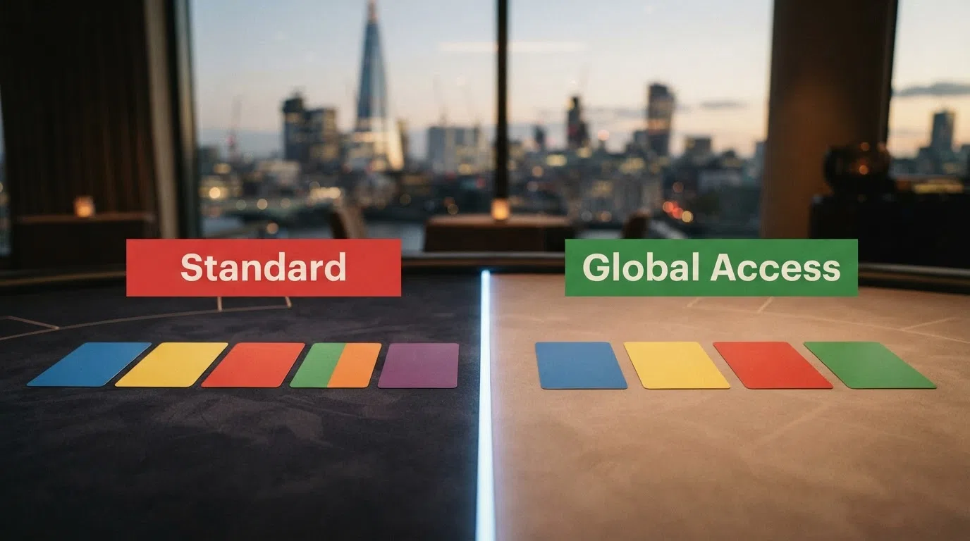 A visual representation of the featured-operator split: six casino logos arranged under a red “VPN Blocked” banner on the left and four under a green “VPN Welcome” banner on the right, with licence jurisdiction labels beneath each group.