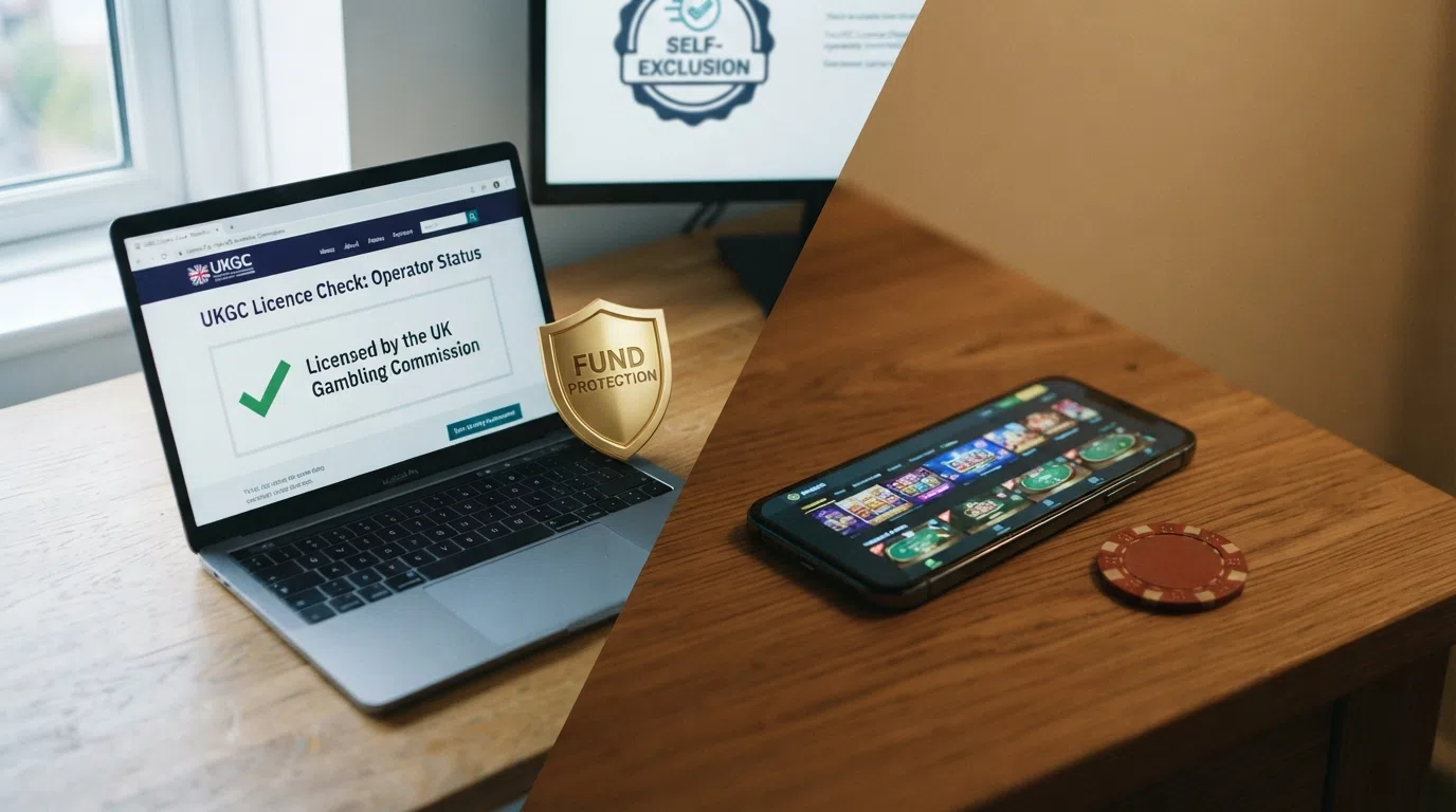 A side-by-side visual inventory: UKGC-mandated safeguards (GamStop logo, ADR badge, fund-protection shield, £5 stake-cap label) on the left, greyed-out or missing on the right