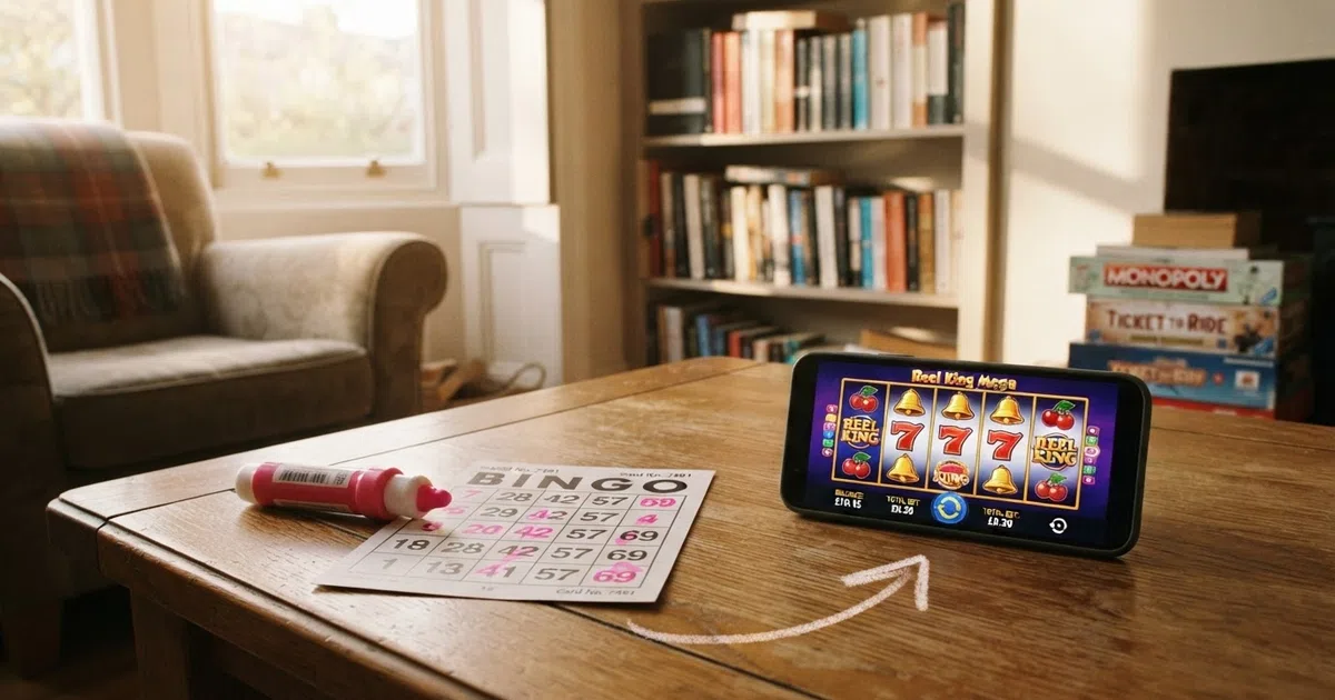 A split-screen composition: on the left, a brightly lit bingo room with a numbered grid card and dabber; on the right, five slot reels mid-spin with colourful fruit and bell symbols, connected by a glowing crossover arrow