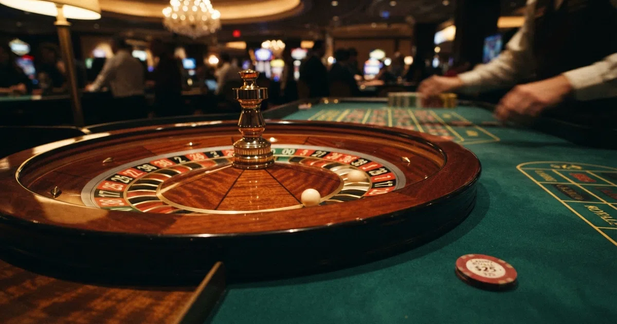 An American roulette wheel in close-up, showing the 38 numbered pockets with the double zero prominently visible beside the single zero on a green felt background