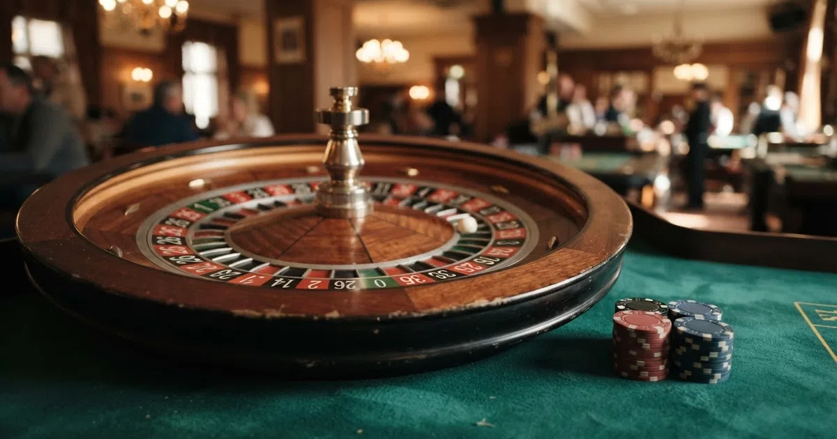 A European roulette wheel in sharp focus, the single green zero visible among red and black numbered pockets, a stack of coloured chips on the felt beside it