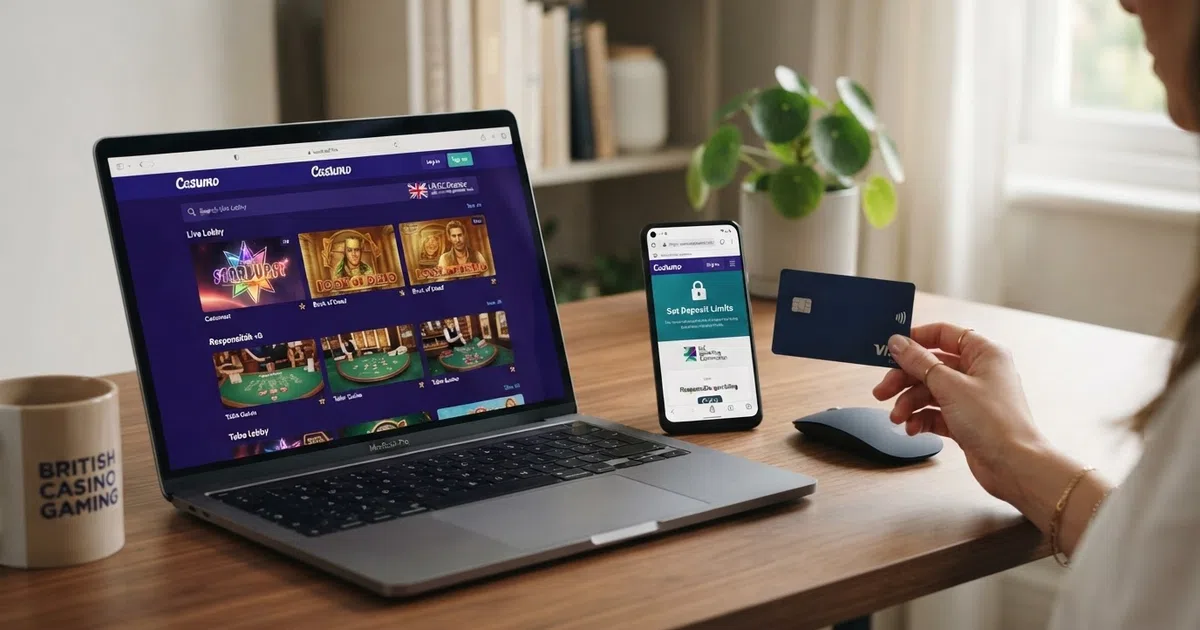 A desktop and mobile screen side by side, each showing a UK-licensed online casino lobby with a responsible-gambling banner and a selection of slot and table-game thumbnails, with a padlock icon visible in the browser address bar.
