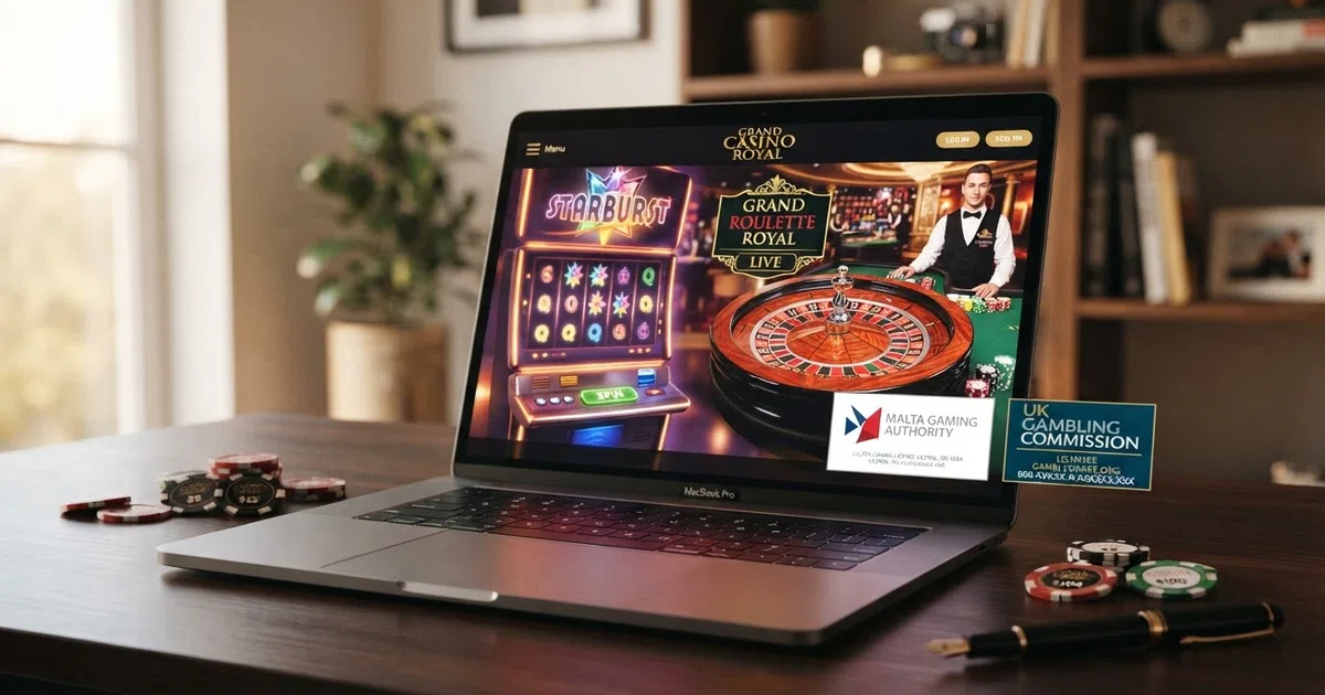 A casino lobby on a desktop screen with a Malta and a UK licence badge shown side by side