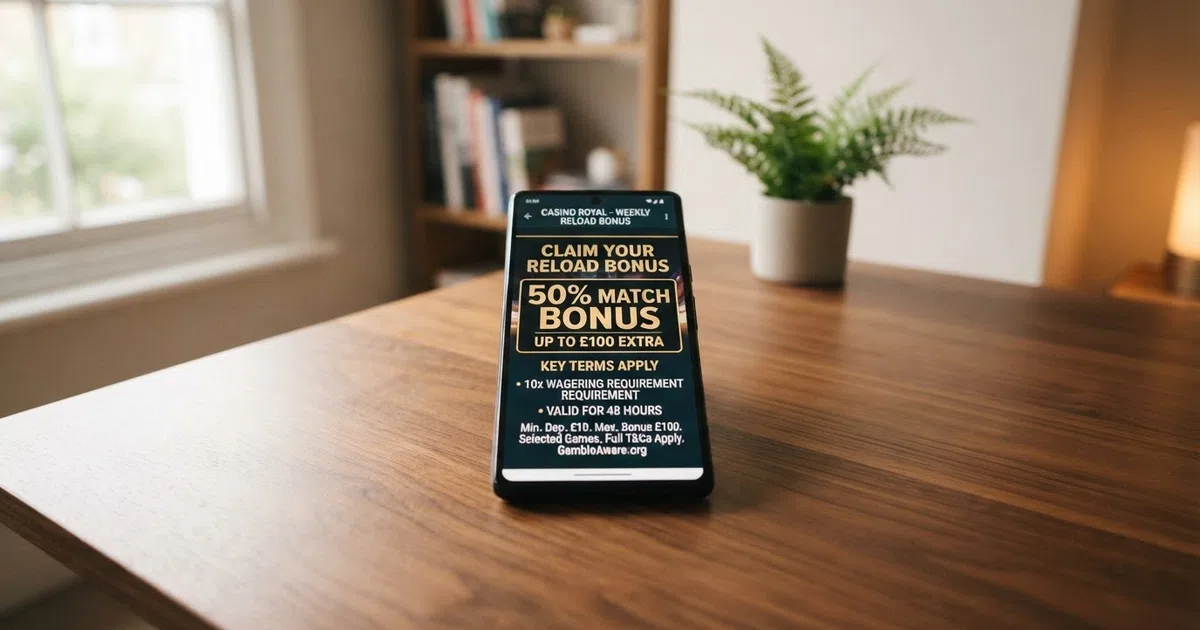 A UK online casino promotions screen showing a reload bonus offer with the match percentage, wagering requirement, and validity window displayed beside the claim button