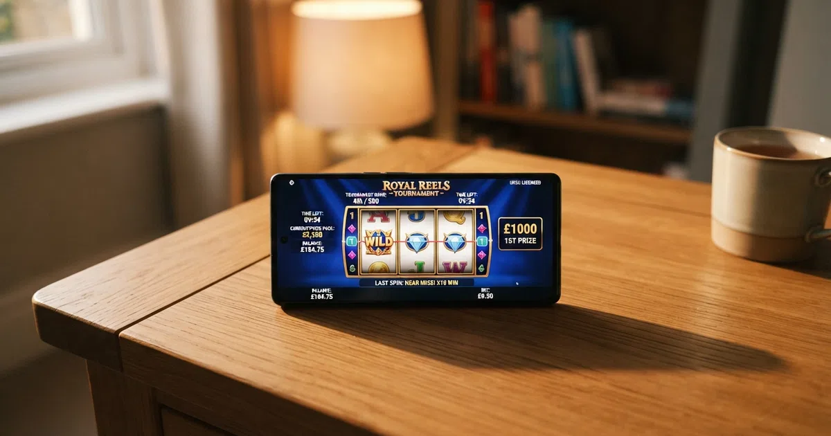 A grid of slot game reels overlaid with a leaderboard ranking, illustrating the tournament overlay on standard slot play