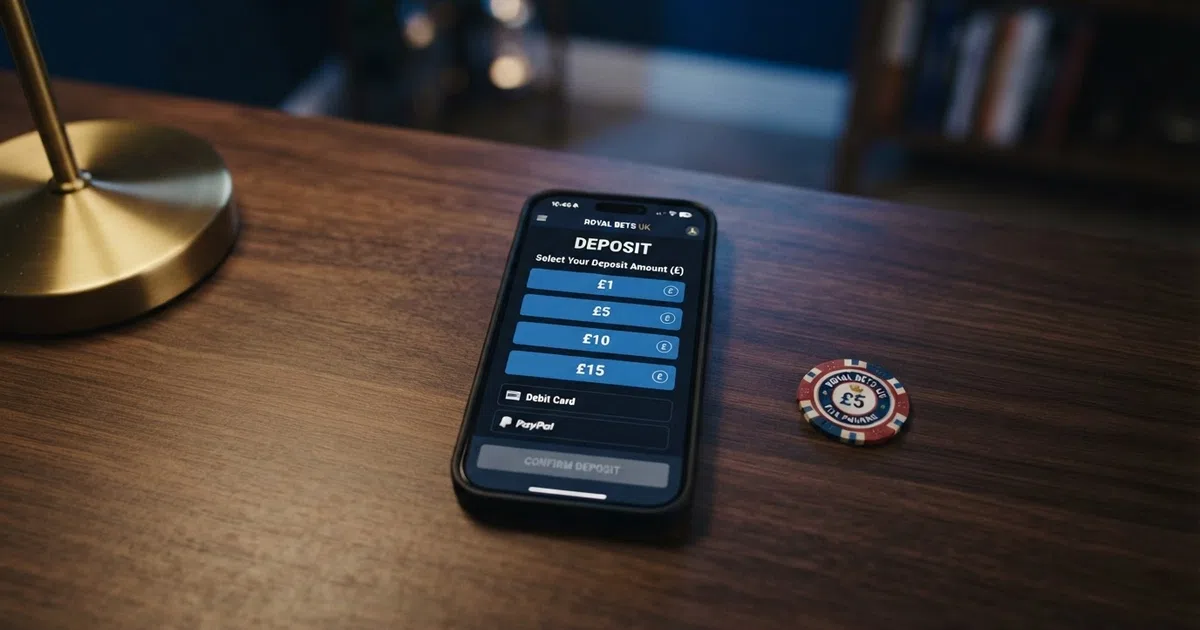 A smartphone screen showing a UK online casino cashier page with deposit amount options of £1, £5, £10 and £15 displayed as selectable buttons, set against a clean dark background