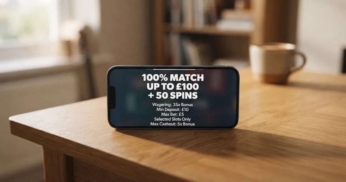 A UK online casino welcome bonus landing page showing a prominent “100% match up to £100” headline with the wagering requirement, game eligibility restrictions and maximum cashout cap displayed in smaller text below the main offer.