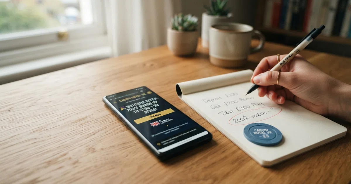 A smartphone screen displaying a UK-licensed casino registration page beside a calculator and a notepad with a handwritten “200% match = ?” circled