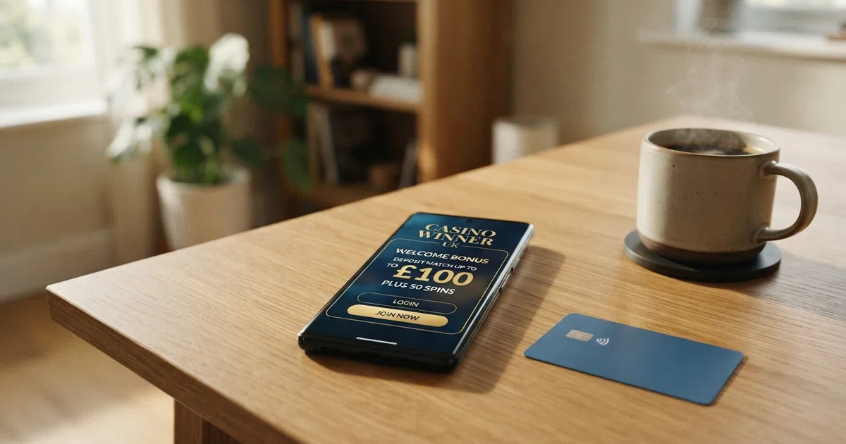 A smartphone showing a UK online casino welcome screen with a deposit-match bonus banner, set against a clean desk background with a debit card and a cup of coffee