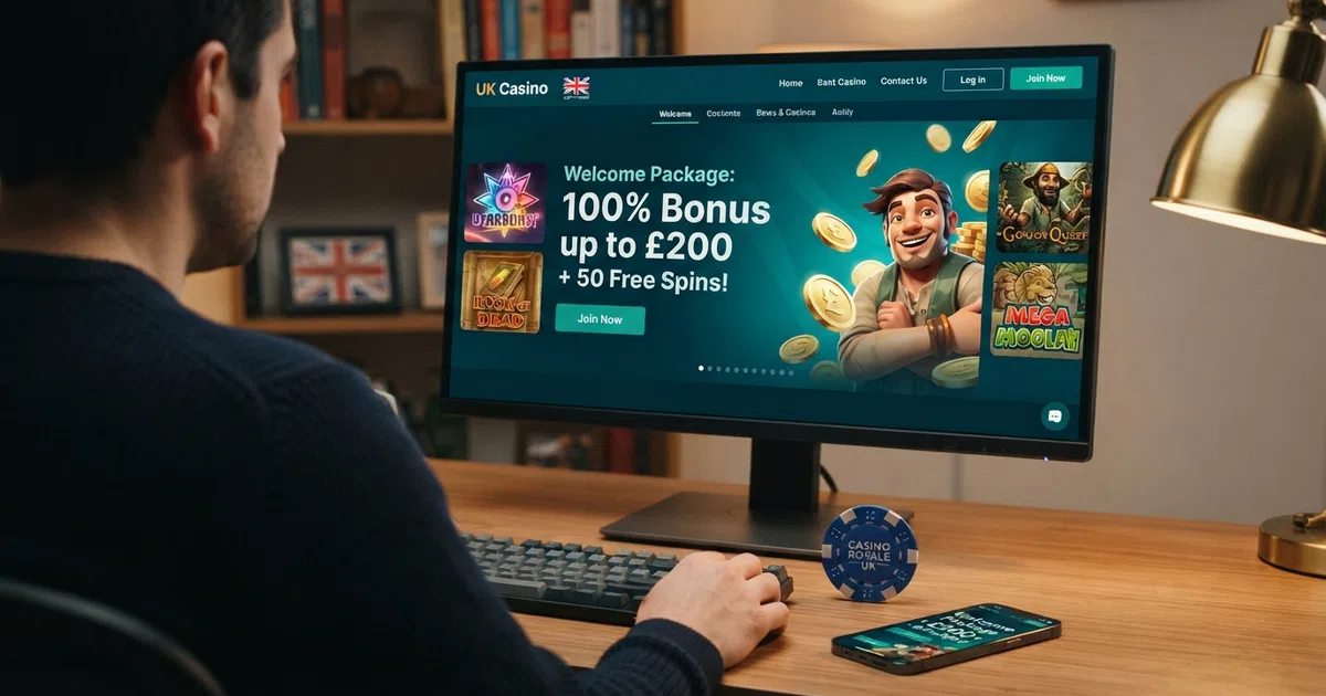 A UK online casino welcome screen showing a large bonus headline alongside game thumbnails and a deposit button