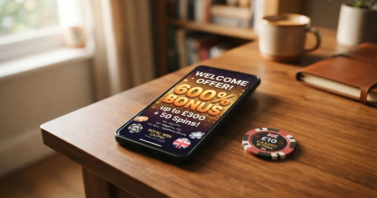 A smartphone displaying a UK online casino welcome-offer screen with bonus terms visible, next to a British £10 banknote on a wooden desk