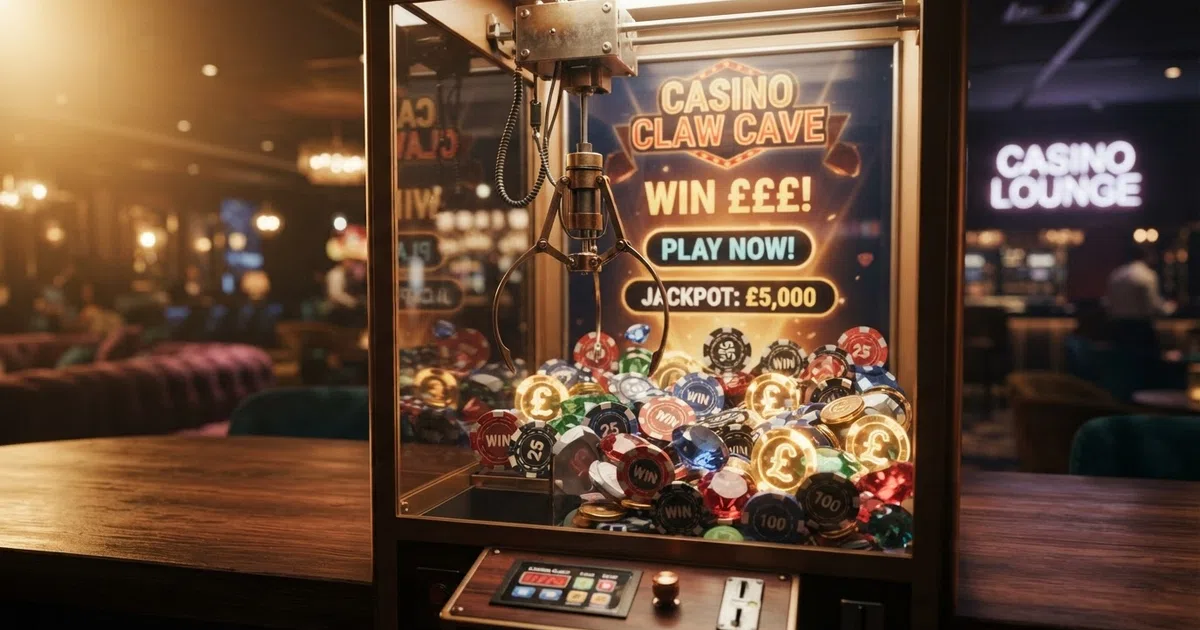 A virtual claw machine interface inside an online casino lobby, with a mechanical claw poised over prizes including cash symbols, free-spin icons and gem tokens scattered across the playfield