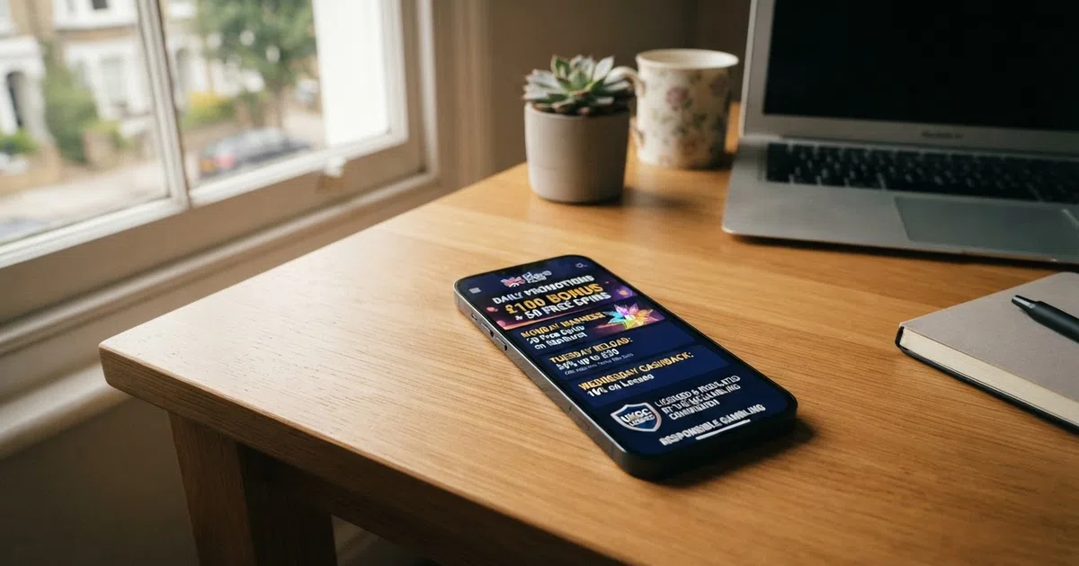 A smartphone screen displaying a UK online casino's daily promotions calendar with free spins, reload bonus and cashback offers visible, with a UKGC licence badge in the footer.