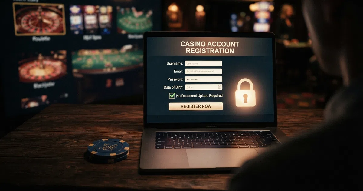 A laptop screen showing an online casino registration form with a ticked “no document upload” checkbox and a padlock icon, against a dark background with casino game thumbnails
