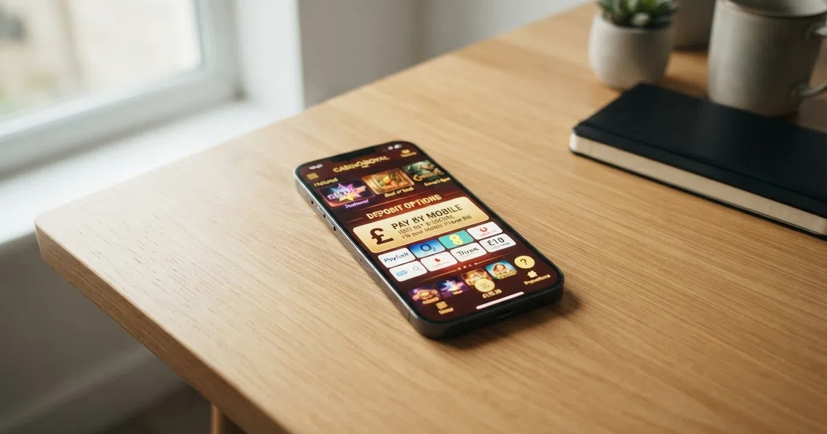 A smartphone displaying a casino lobby with a pay-by-mobile deposit option highlighted on screen, set against a clean background