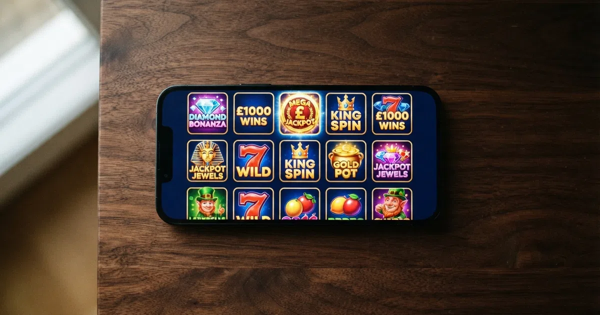 A smartphone displaying a grid of colourful online slot game icons, with a UKGC licence badge visible in the corner of one tile