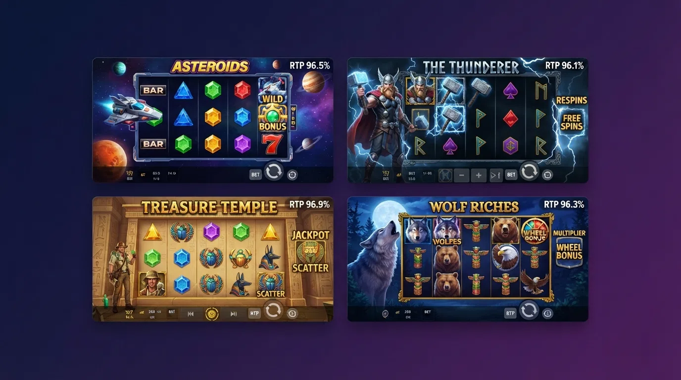 Game tiles for Asteroids, The Thunderer, Treasure Temple and Wolf Riches — four of the highest-RTP Pariplay slots side by side