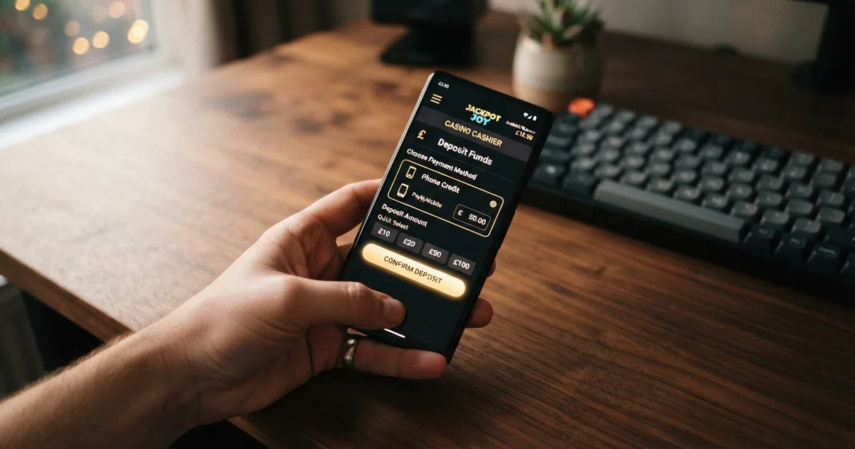 A smartphone held in one hand showing a casino cashier screen with the phone-bill option selected