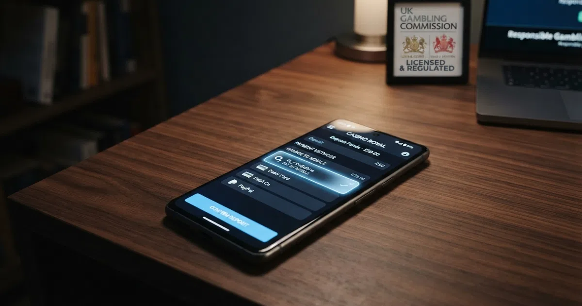 A smartphone displaying a UK online casino cashier screen with the Pay by Mobile deposit option highlighted, set against a dark background with the UK Gambling Commission logo subtly visible