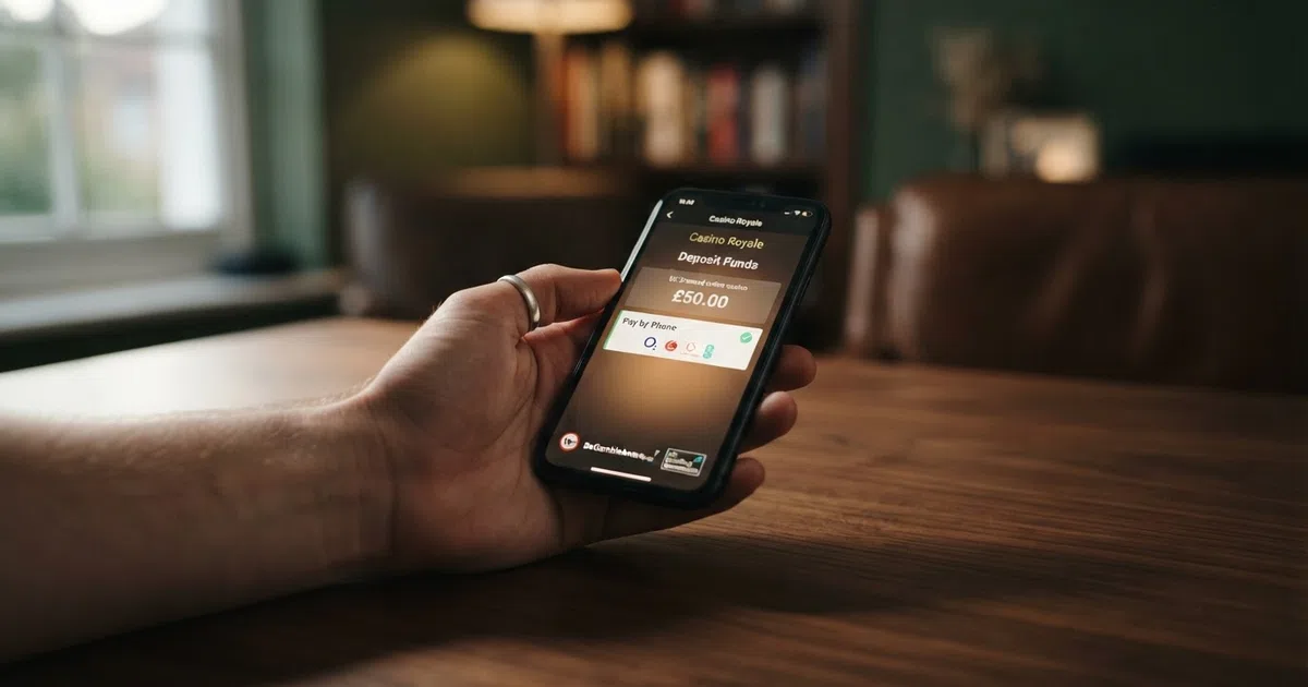 A UK player's hand holding a smartphone displaying a casino deposit screen with “Pay by Phone” selected, set against a clean background with subtle gambling-safety icons (UKGC logo, GamCare, 18+)