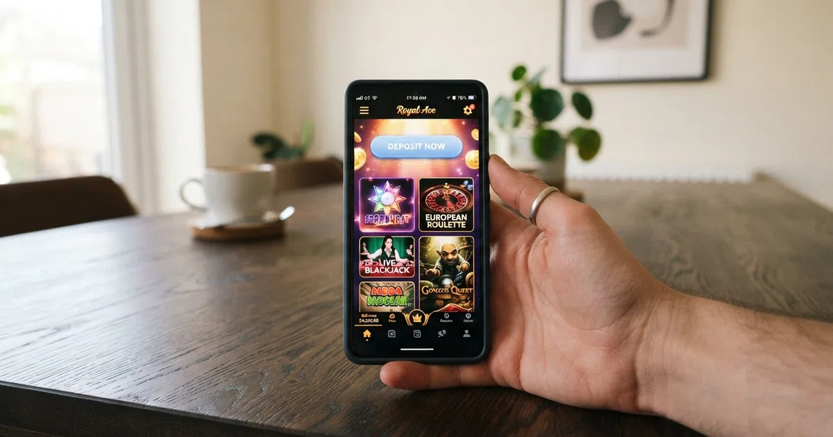 A smartphone held in one hand displaying a casino lobby with a highlighted deposit button and a mobile network signal bar visible at the top of the screen