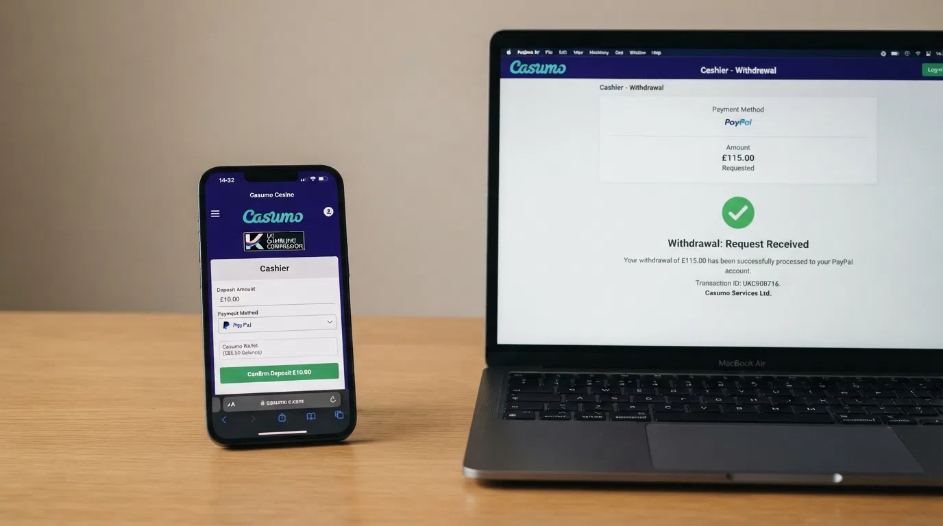 A side-by-side comparison view of a PayPal deposit screen and a withdrawal confirmation on a UK casino site