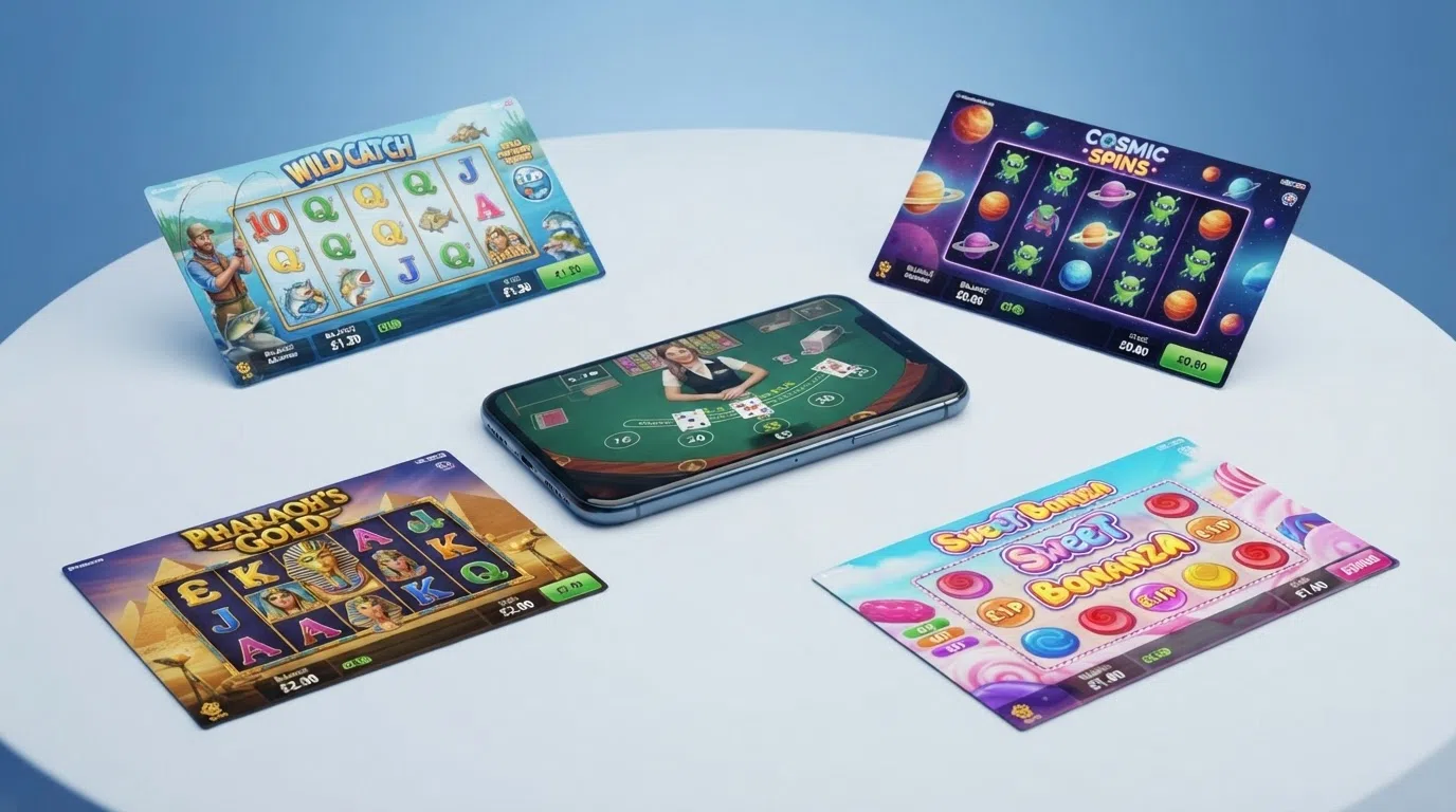 A grid of four popular PayPal casino slot title cards — Big Bass Splash, Starburst, Book of Dead and Sweet Bonanza — arranged around a smartphone showing a live game