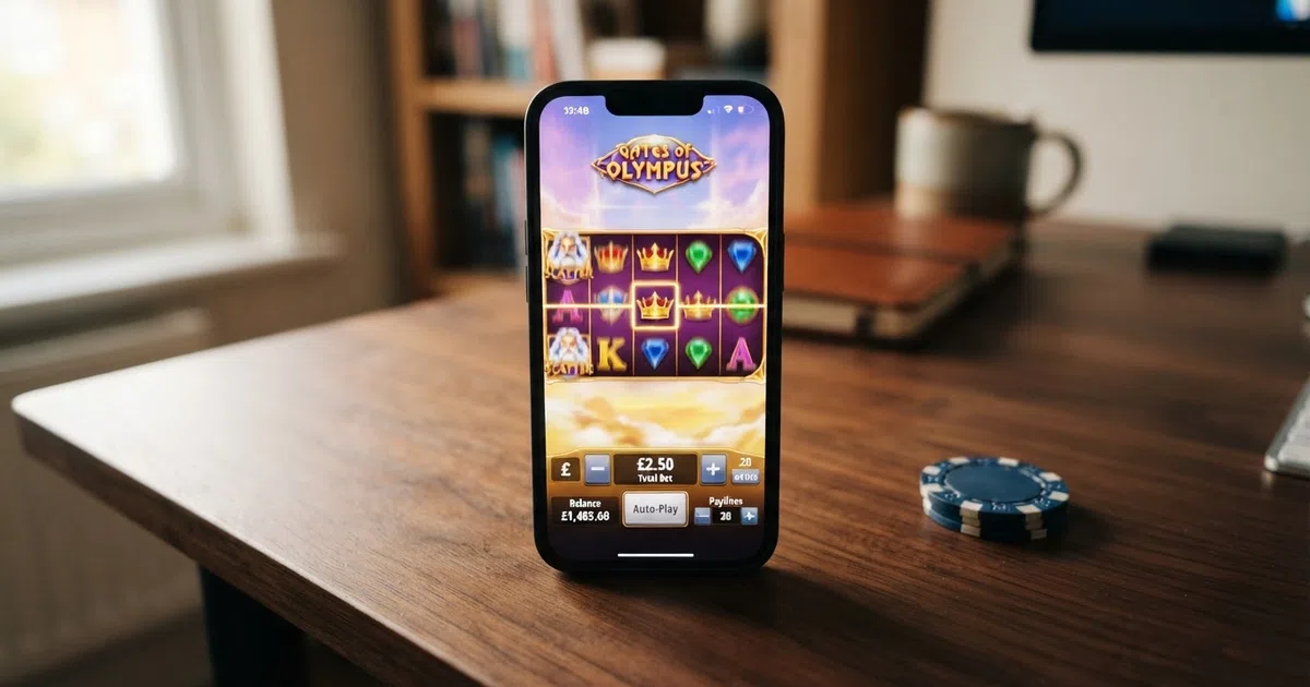 A smartphone screen displaying a colourful online slot game with the bet panel open, showing a £0.01 coin value and multiple active paylines