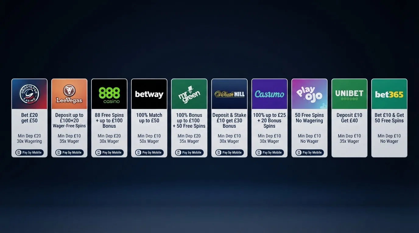 A side-by-side grid view of ten UK casino operator cards, each showing its welcome offer, minimum deposit and wagering requirement, ordered from left to right by phone bill deposit support