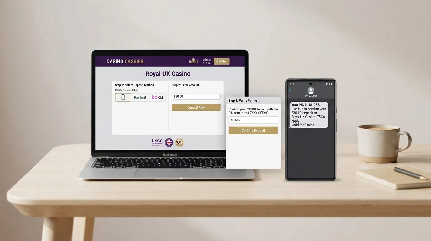 A three-step illustration of the carrier-billing deposit flow — the casino cashier screen with Pay By Mobile selected, a mobile phone receiving an SMS PIN, and a confirmation screen showing the deposit amount