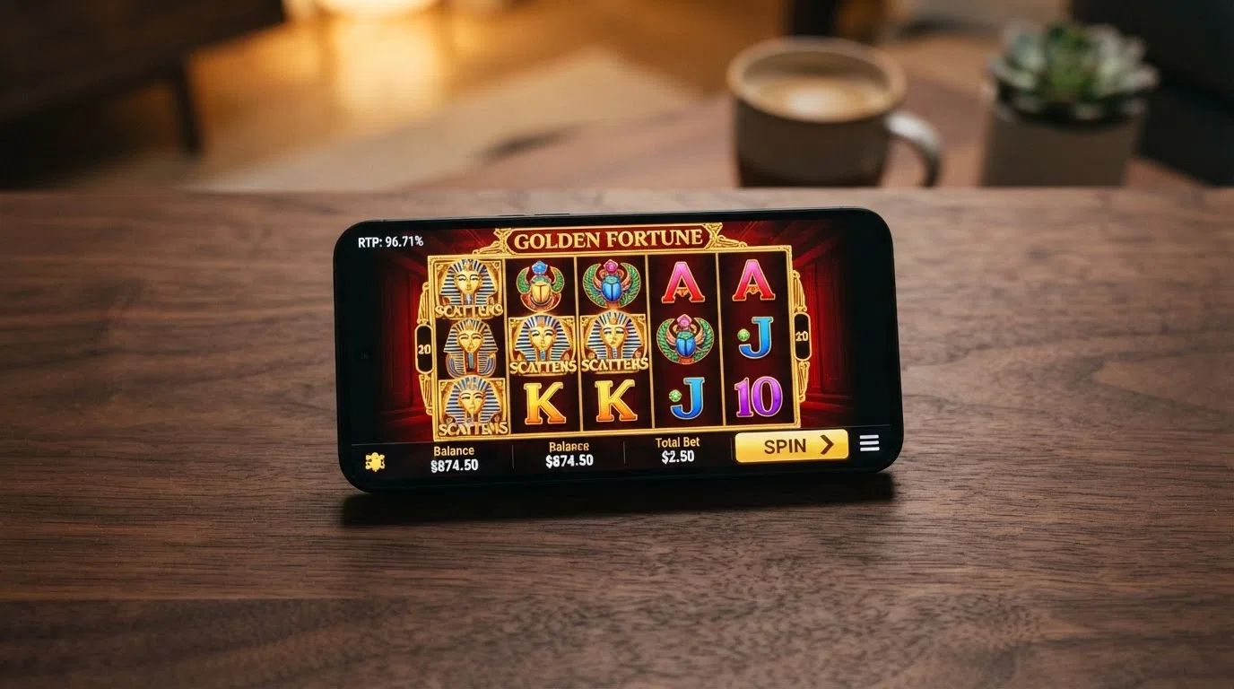 A close-up of a slot reel grid on a mobile screen with the RTP readout visible