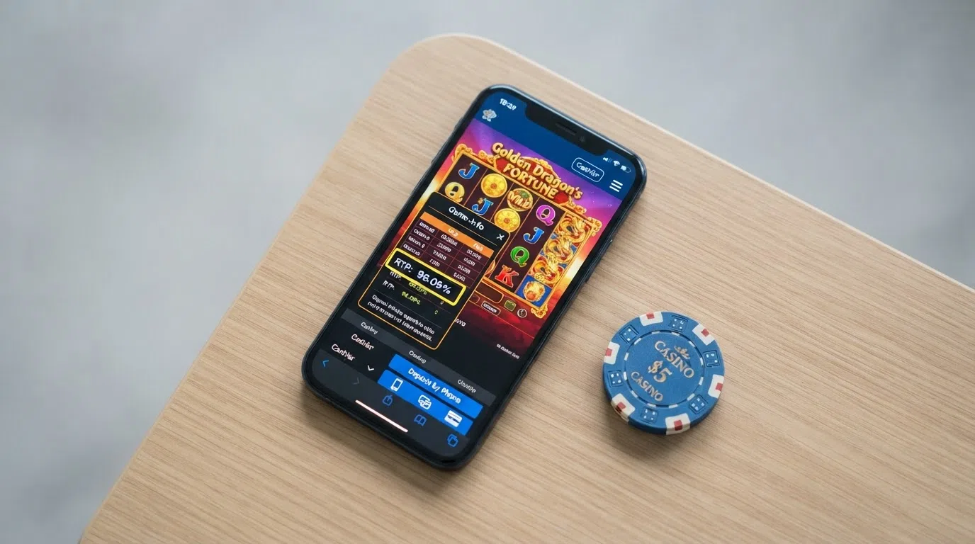 A smartphone screen showing a slot game with the RTP percentage highlighted in the game-info overlay, the “Deposit by Phone” button visible in the cashier bar at the bottom