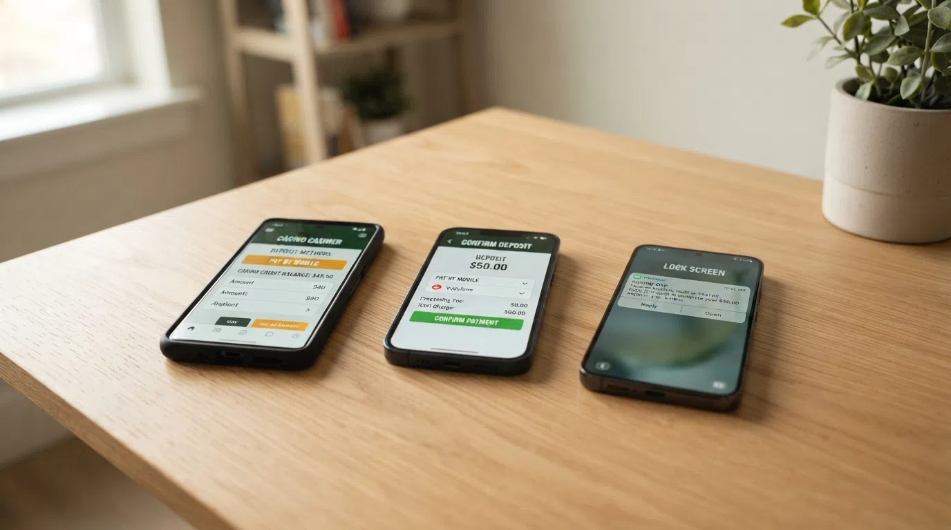 Three sequential smartphone screens showing the deposit flow — selecting Pay by Mobile in the cashier, confirming a deposit amount, and an incoming SMS verification code on the lock screen