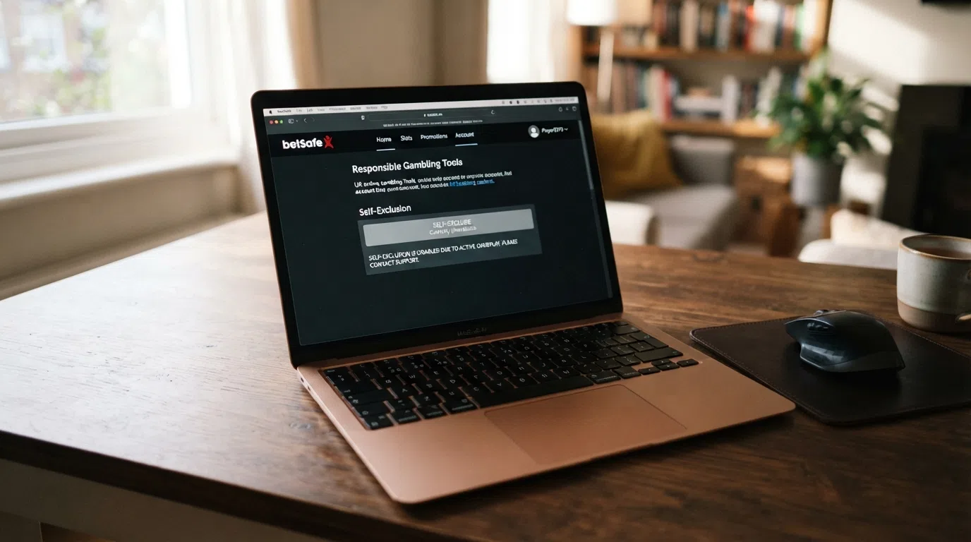 A UK player's laptop showing a casino page with a disabled self-exclusion button