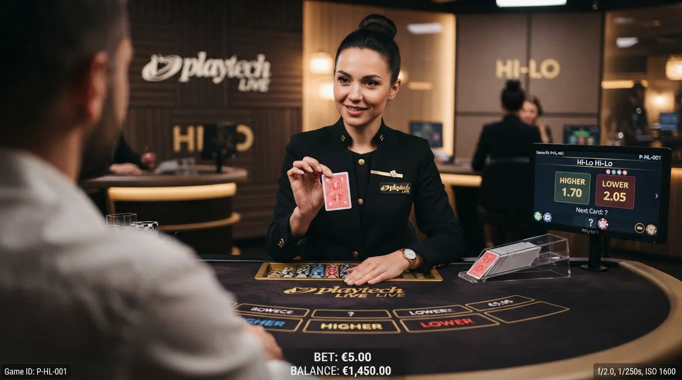 A live-dealer studio shot showing a Playtech-branded hi-lo table with a human dealer holding a card and a monitor displaying the game interface