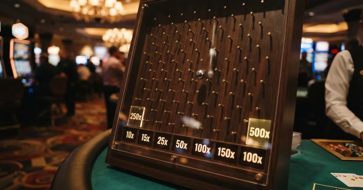 A Plinko peg board with a ball mid-bounce, showing the triangular layout of pegs and the multiplier slots at the bottom with the highest values at the edges