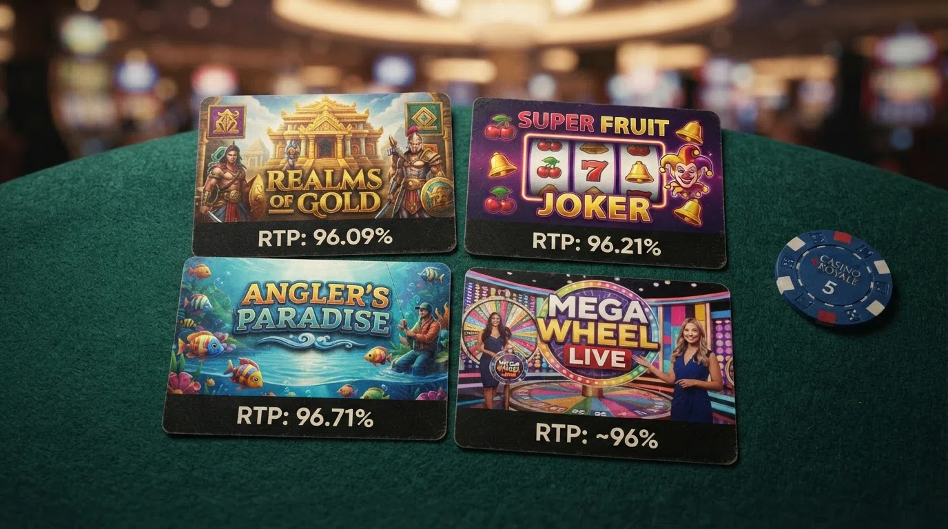 A grid of four slot game title cards — Starburst, Book of Dead, Big Bass Bonanza and Paddy's Mansion Heist — each labelled with its RTP percentage beneath the title