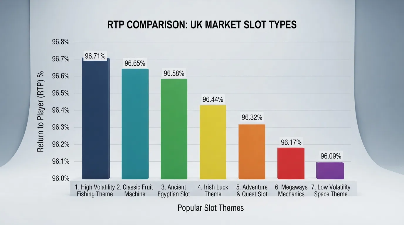 A bar chart comparing the RTP percentages of seven popular UK slot titles — Big Bass Splash, Gates of Olympus, Le Bandit, Chaos Crew, Wanted Dead or a Wild, Book of Dead and Starburst